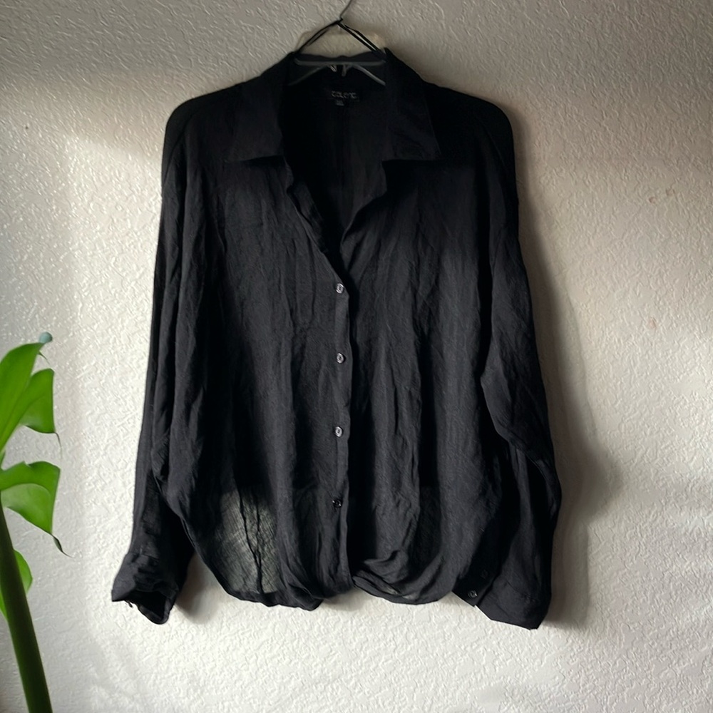 Talent Black Translucent Polyester Viscose Blend Button Down Shirt womens 3X-XL